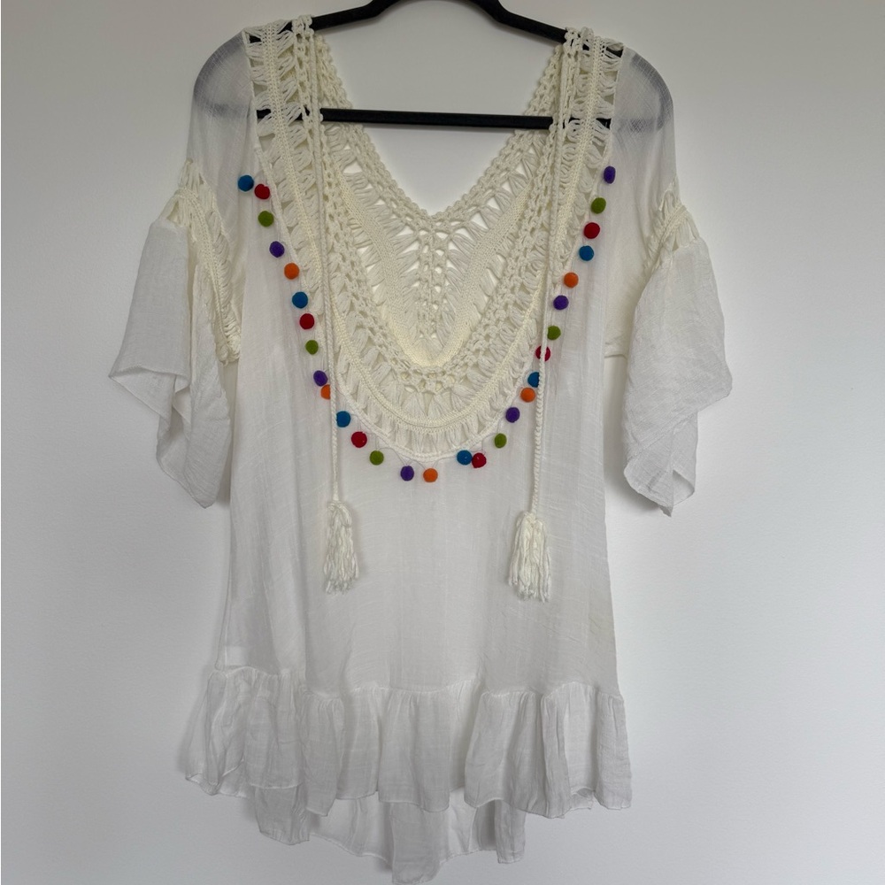 NWOT Boho Crochet White Top with Colorful Pom Poms - One Size